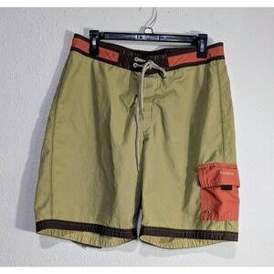 Perry Ellis Mens Board Shorts Olive Green Orange Size 32 Cargo Swim Trunks